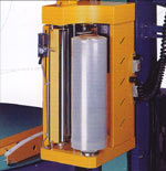 A view of the Pallet Wrapper showing the film carriage located on the side of machine